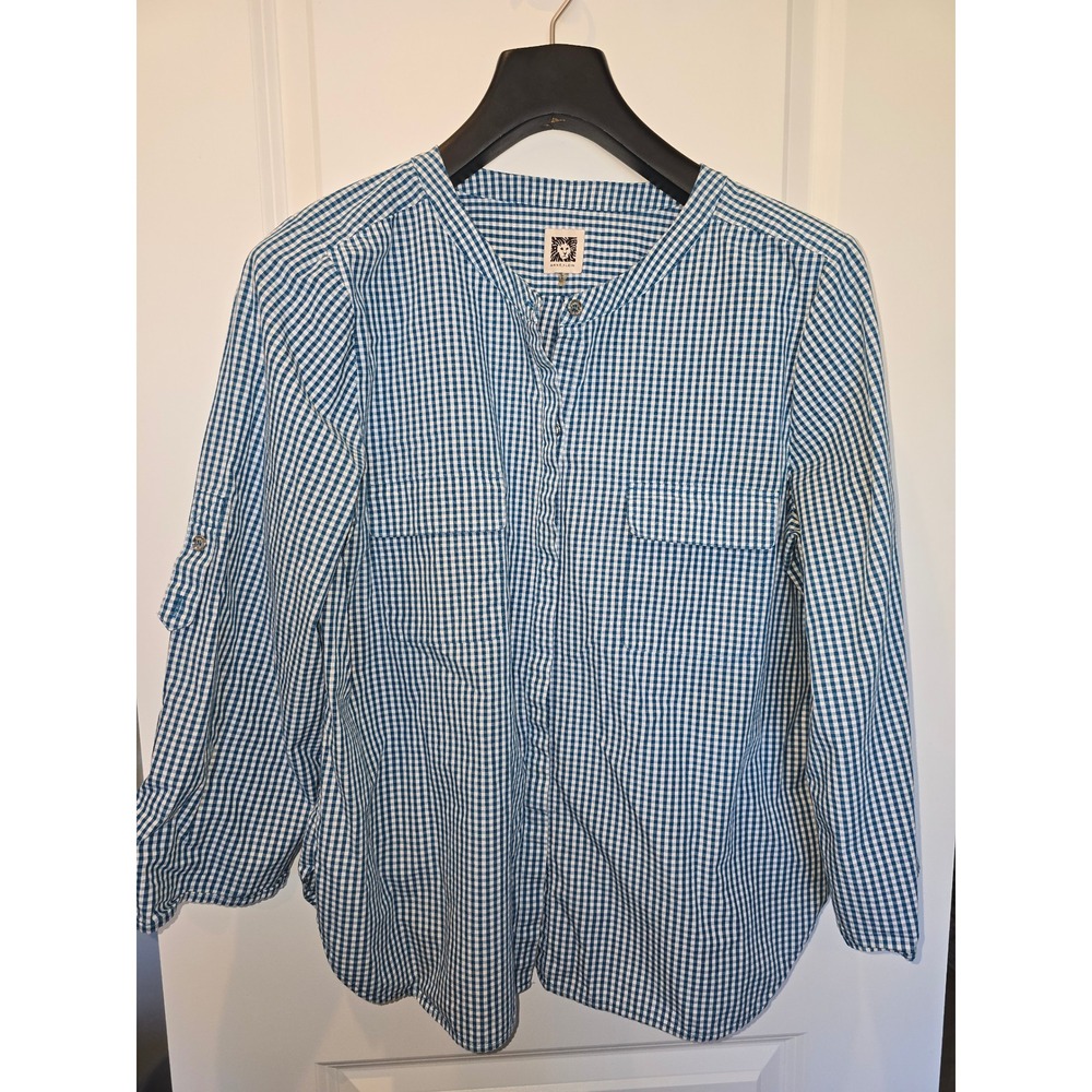 Anne Klein Blue White‎ Gingham Check Roll Tab Sleeve Band Collar Blouse Top
